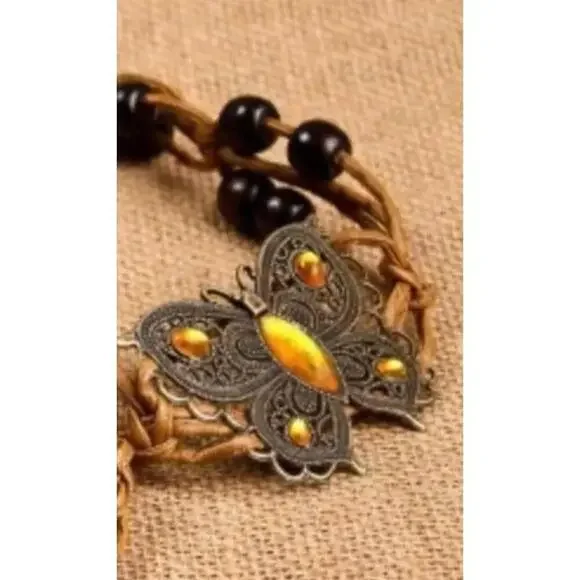 Boho Woven Adjustable Rope Belt With Yellow Butterfly Design - Picture 3 of 5